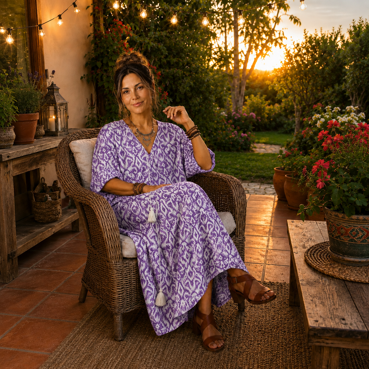 Penelope | Vestido Midi Estampado con Cuello de Borlas