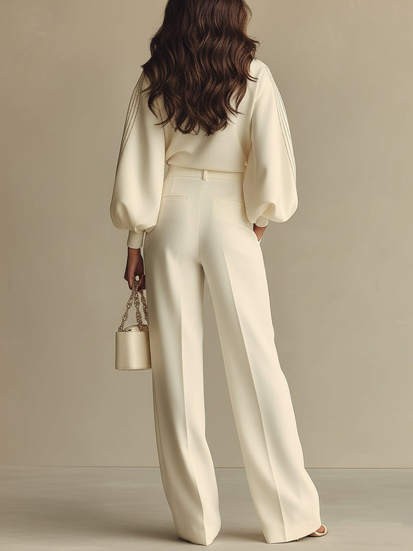 Isa | Conjunto en color marfil: blusa y pantalones anchos de tiro alto