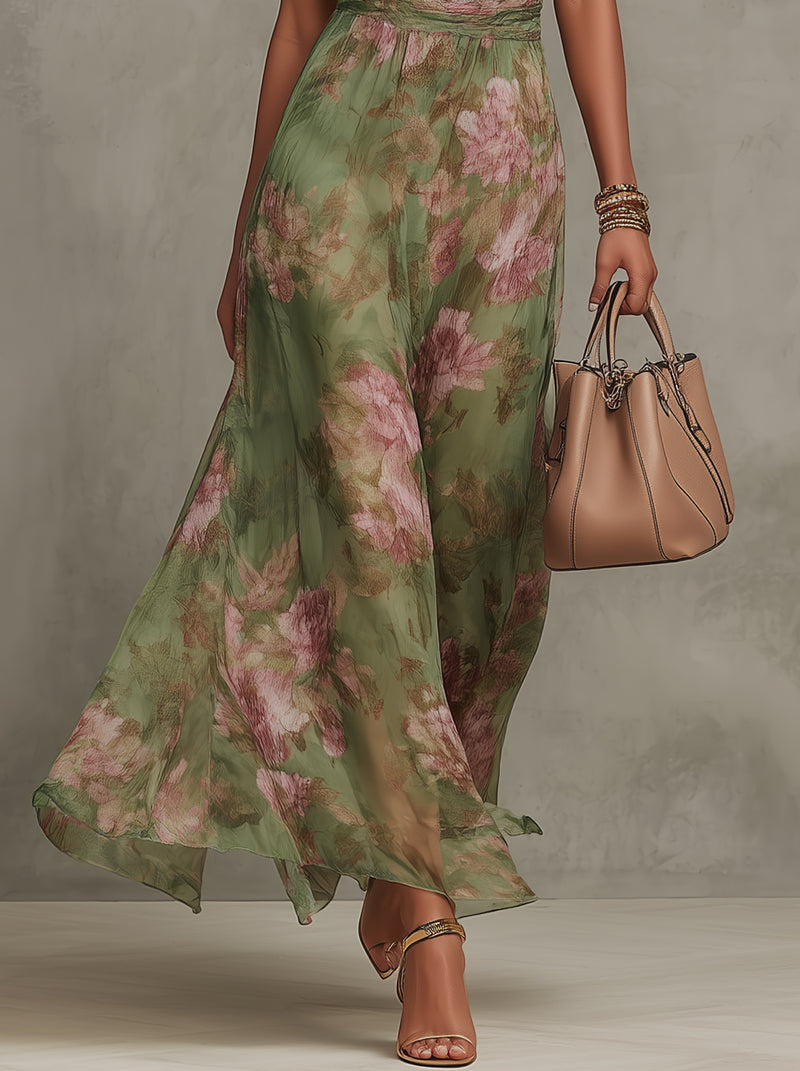 Florence | Vestido maxi de chiffon verde con flores y escote halter