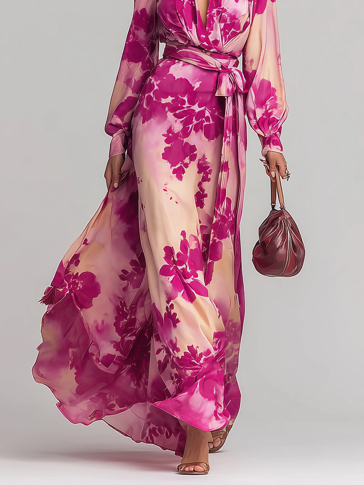 Julia | Vestido maxi de rosas con escote en V y cinturón