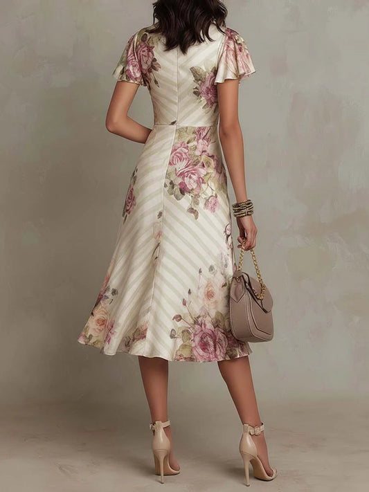 Margaret | Vestido midi de satén con flores en estilo vintage