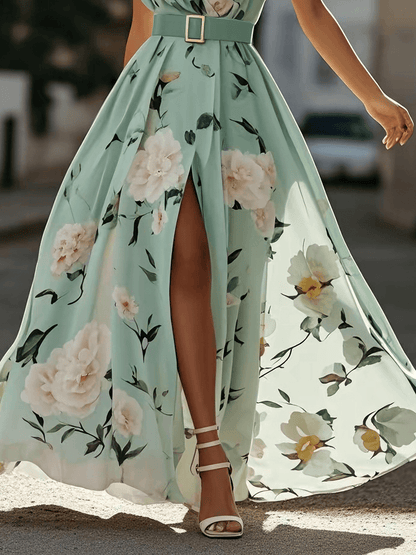 Julie | Vestido maxi de chiffon verde jasno con flores de un solo hombro