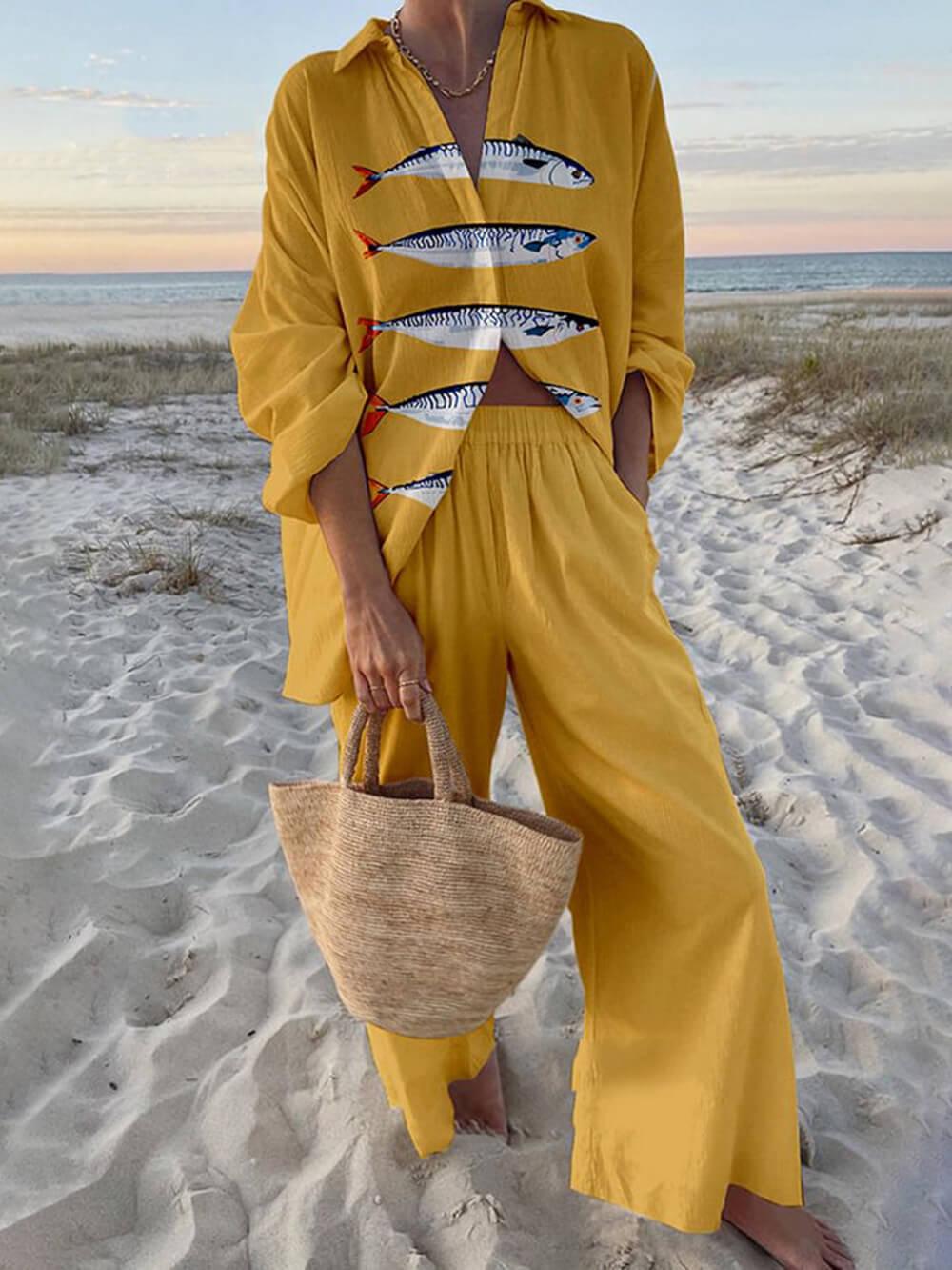 Mae | Conjunto: camisa oversize con estampado en tonos marinos y pantalones con cinturilla elástica