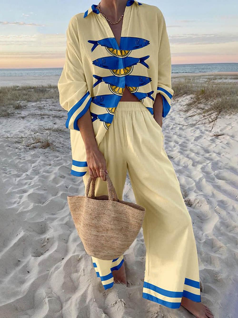 Mae | Conjunto: camisa oversize con estampado en tonos marinos y pantalones con cinturilla elástica
