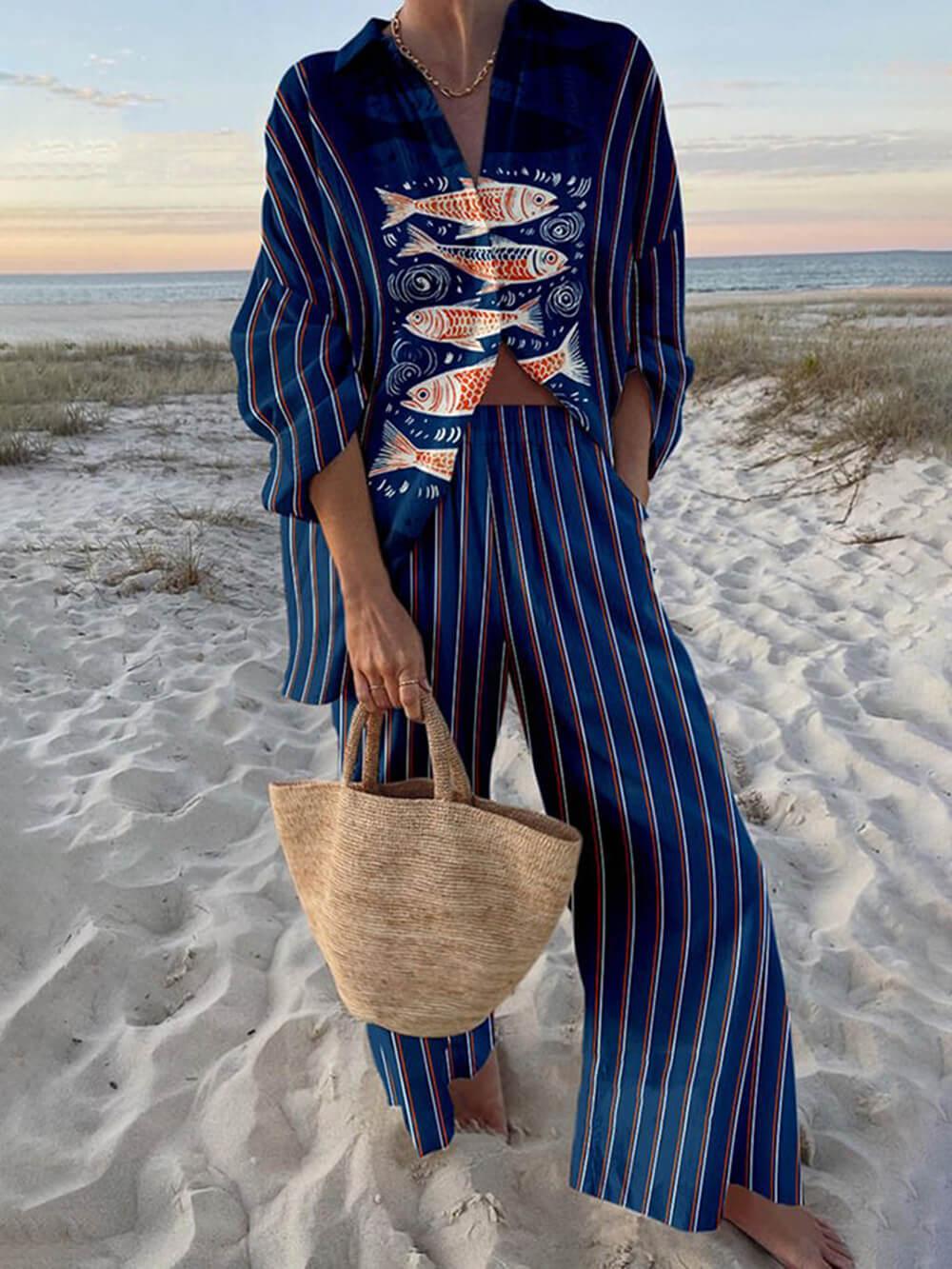 Mae | Conjunto: camisa oversize con estampado en tonos marinos y pantalones con cinturilla elástica