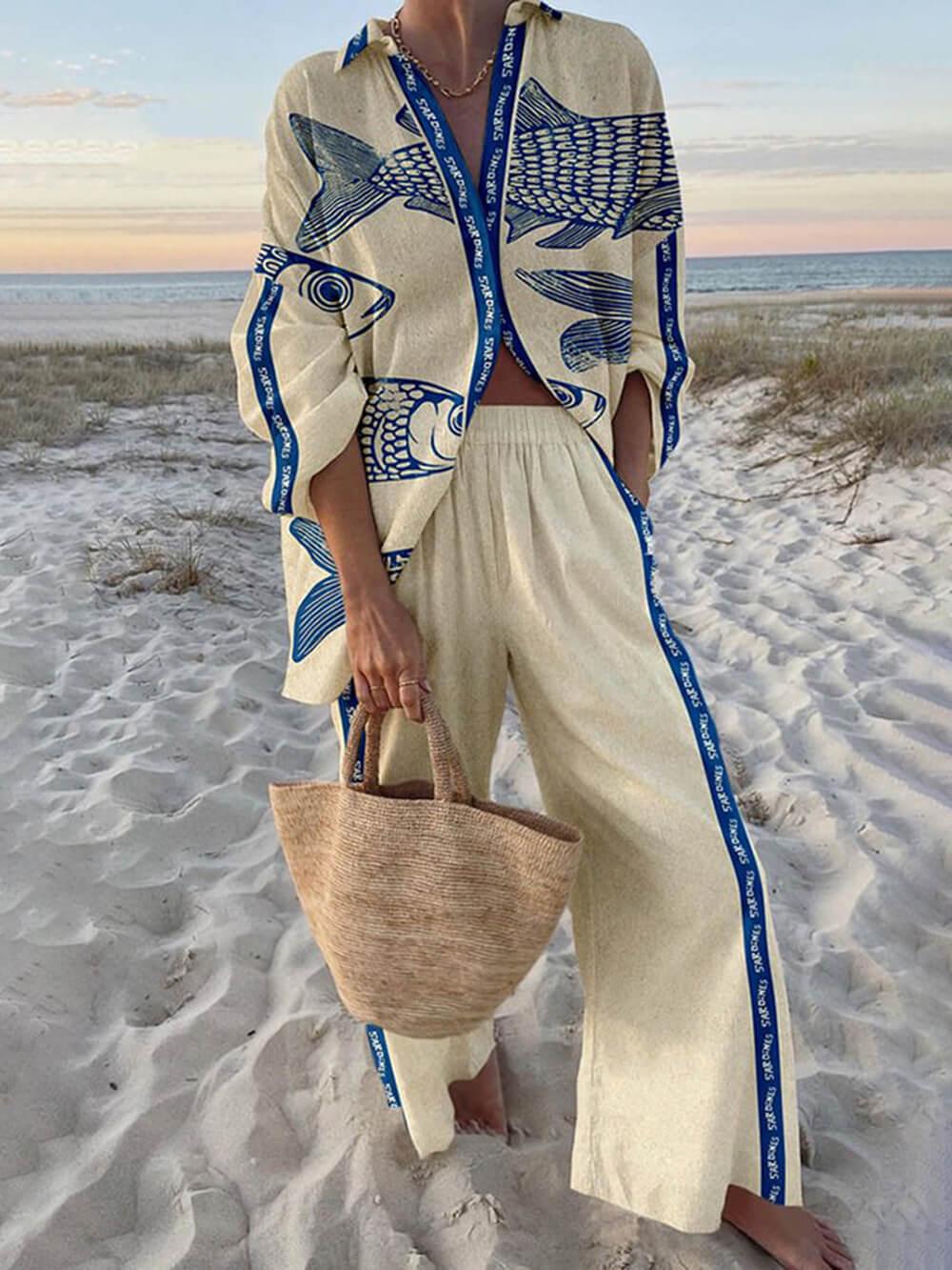 Mae | Conjunto: camisa oversize con estampado en tonos marinos y pantalones con cinturilla elástica