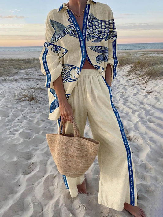 Mae | Conjunto: camisa oversize con estampado en tonos marinos y pantalones con cinturilla elástica