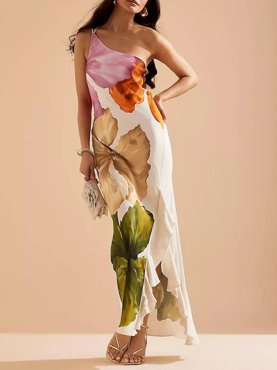 Kira | Vestido maxi de resort con flores de un solo hombro