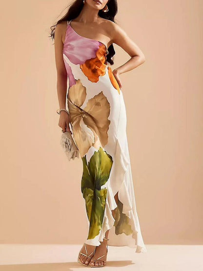 Kira | Vestido maxi de resort con flores de un solo hombro