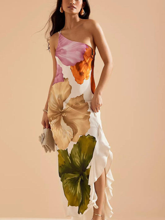 Kira | Vestido maxi de resort con flores de un solo hombro