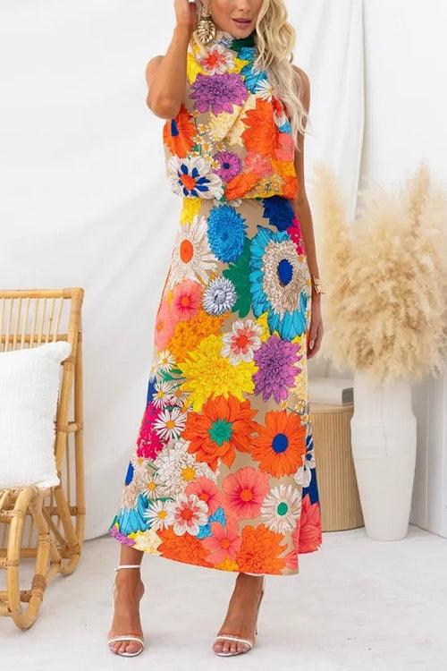 Summer | Vestido maxi de flores sin mangas con lazo en el escote