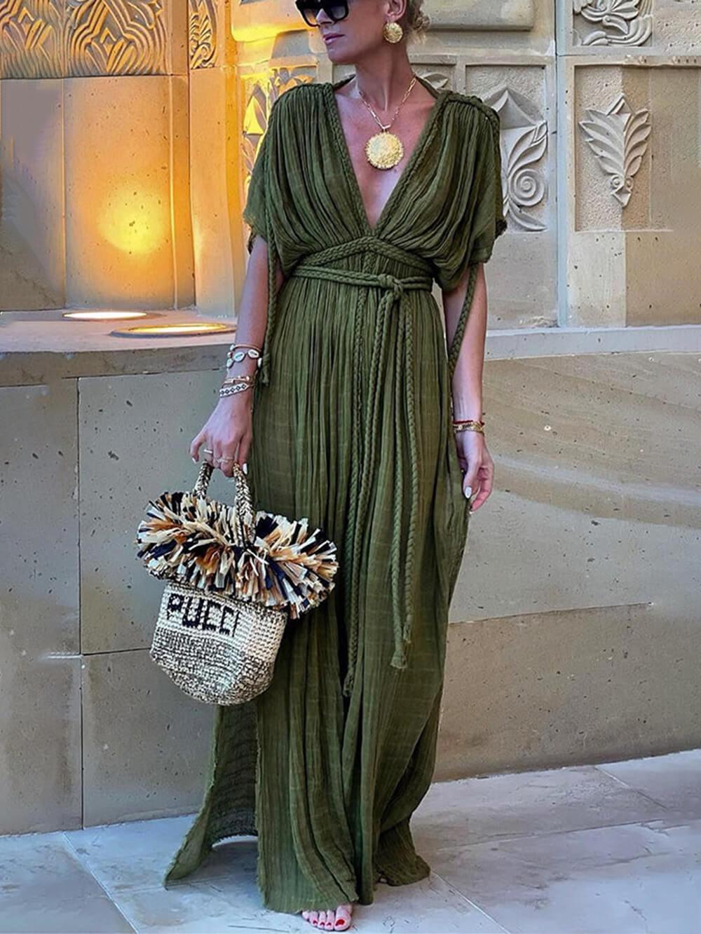 Elena | Vestido maxi kimono drapeado con abertura