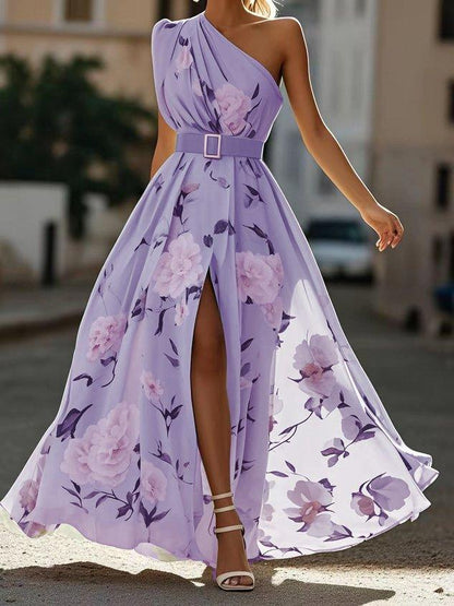 Julie | Vestido maxi de chiffon verde jasno con flores de un solo hombro