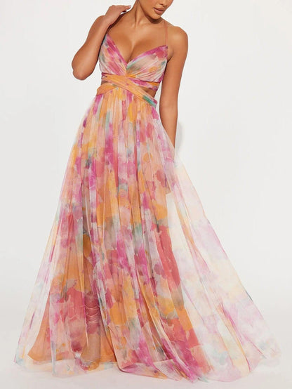Karen | Vestido maxi con flores pintadas y escote en V