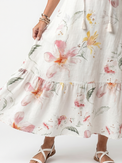 Noa | Vestido Midi Floral Escalonado con Cuello de Borlas