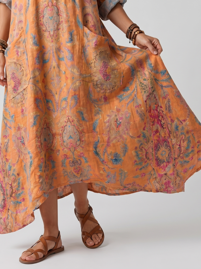 Remi | Vestido Midi Estampado Oversize con Cuello Muesca y Bolsillos