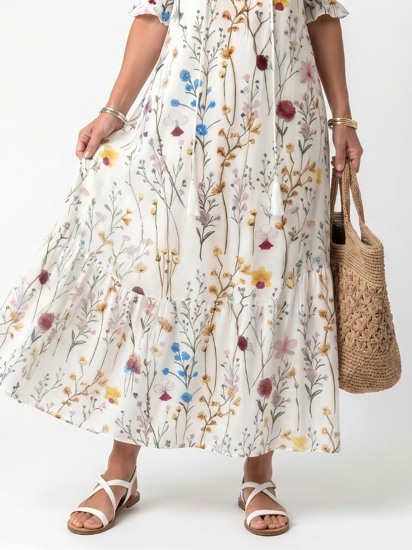 Sylvie | Vestido Midi Botanico con Cuello de Borlas