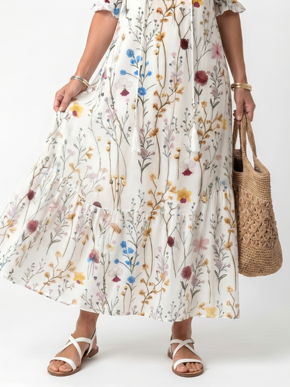 Sylvie | Vestido Midi Botanico con Cuello de Borlas