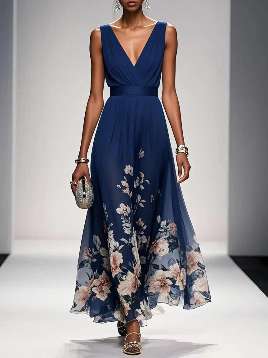 Rose | Vestido maxi de chiffon azul claro con flores y escote en V