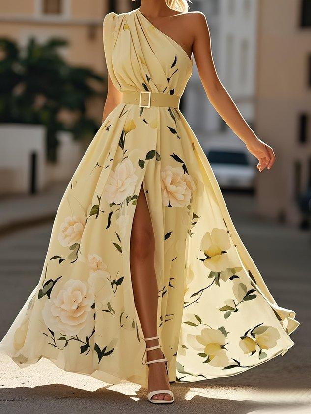 Julie | Vestido maxi de chiffon verde jasno con flores de un solo hombro