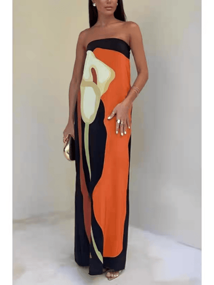 Joan | Vestido maxi sin tirantes con estampado
