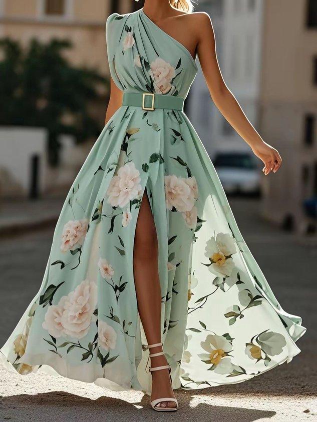 Julie | Vestido maxi de chiffon verde jasno con flores de un solo hombro
