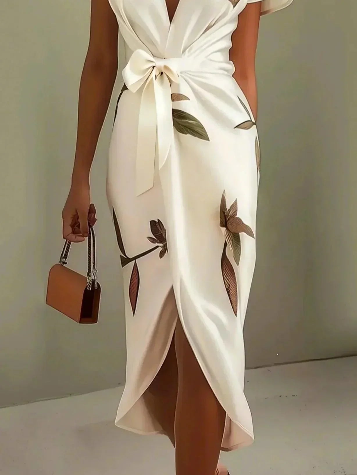 Judy | Vestido midi satinado blanco con estampado de hojas y mangas cortas