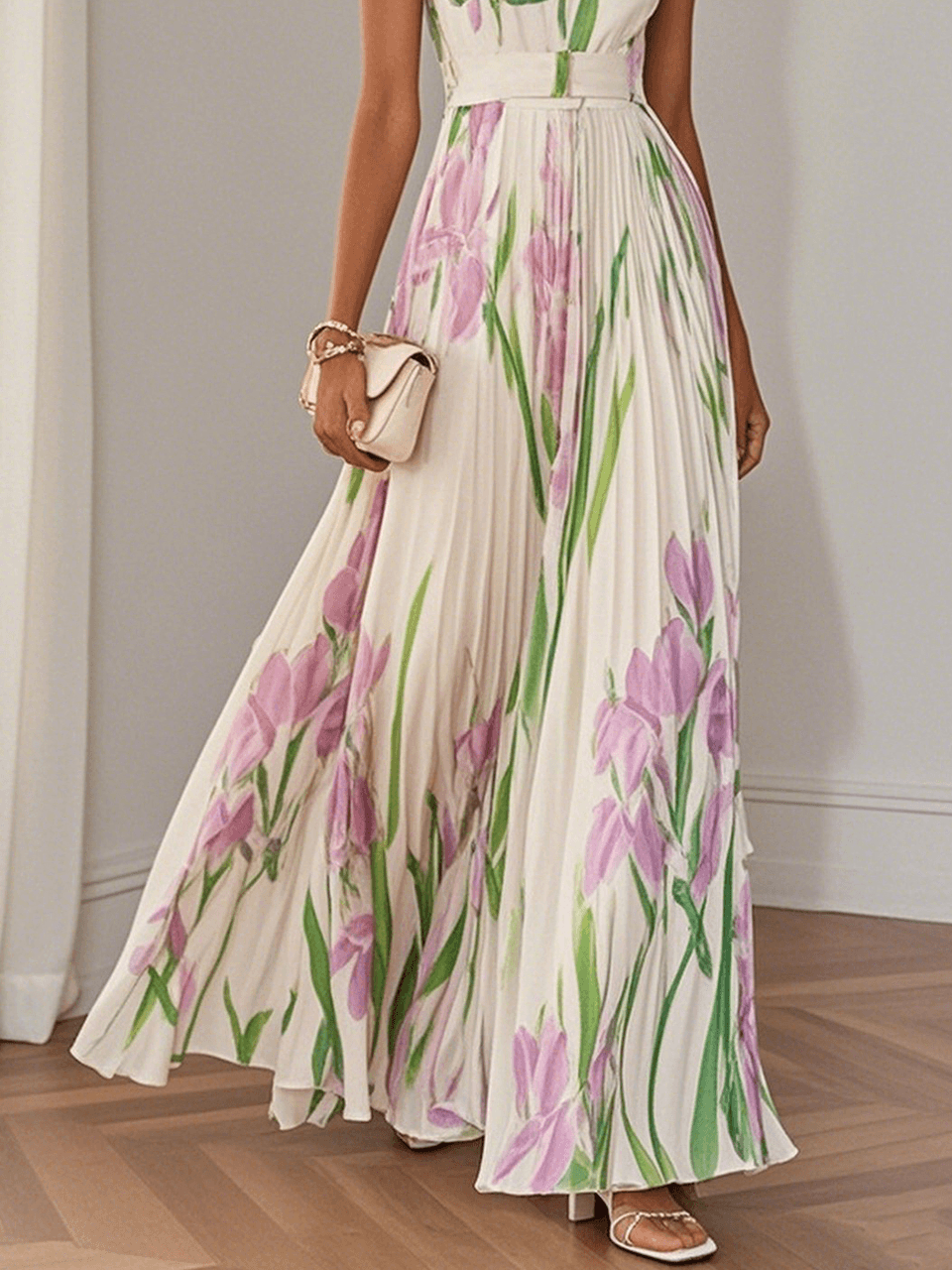 Marie | Vestido maxi de chiffon plisado blanco con flores