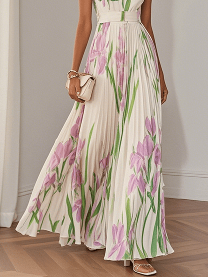 Marie | Vestido maxi de chiffon plisado blanco con flores