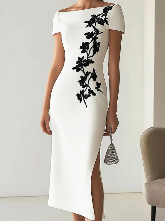 Audrey | Elegante vestido midi con flores y escote barco