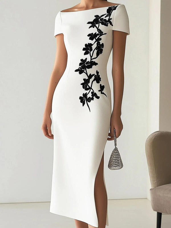 Audrey | Elegante vestido midi con flores y escote barco