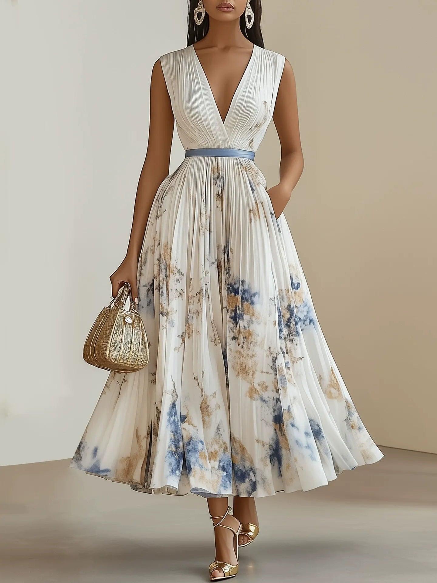 Chloe | Vestido midi plisado de chiffon blanco con flores y escote en V