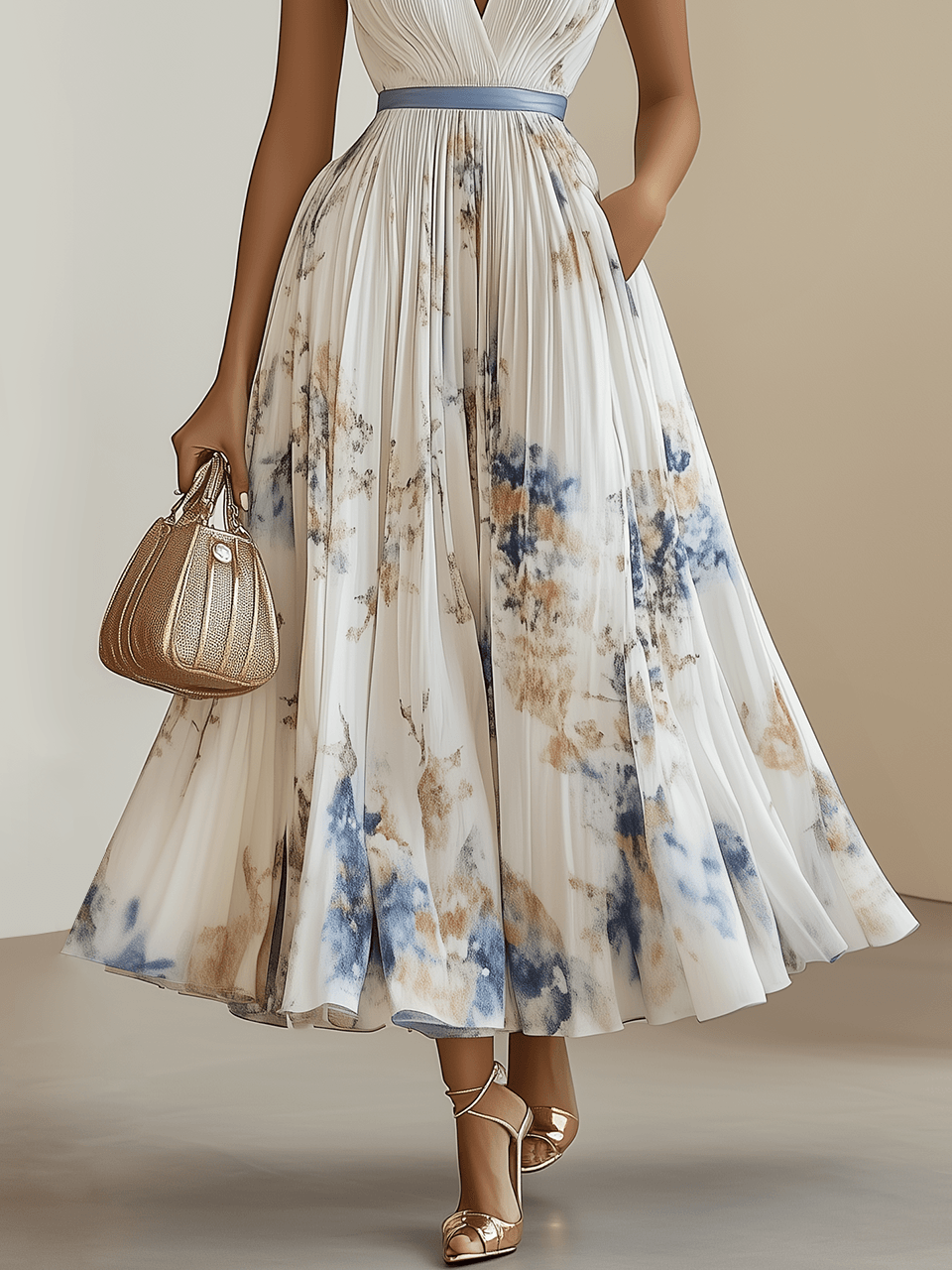 Chloe | Vestido midi plisado de chiffon blanco con flores y escote en V