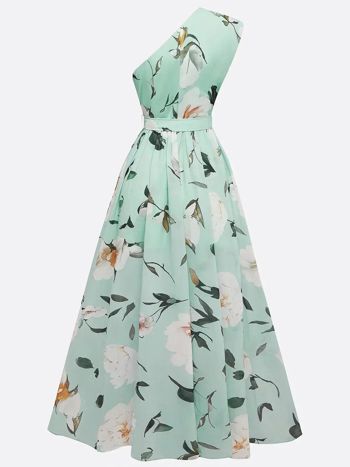 Julie | Vestido maxi de chiffon verde jasno con flores de un solo hombro