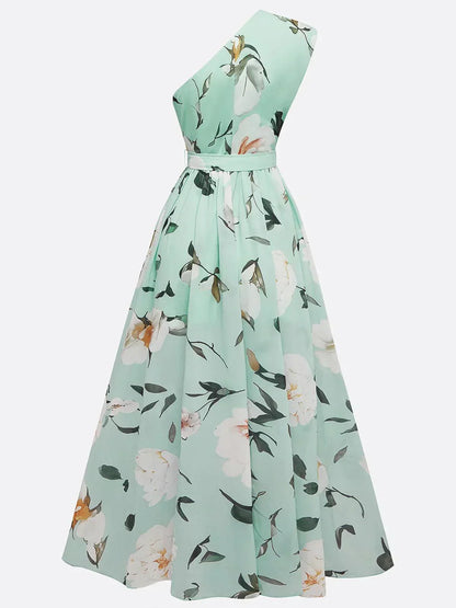 Julie | Vestido maxi de chiffon verde jasno con flores de un solo hombro