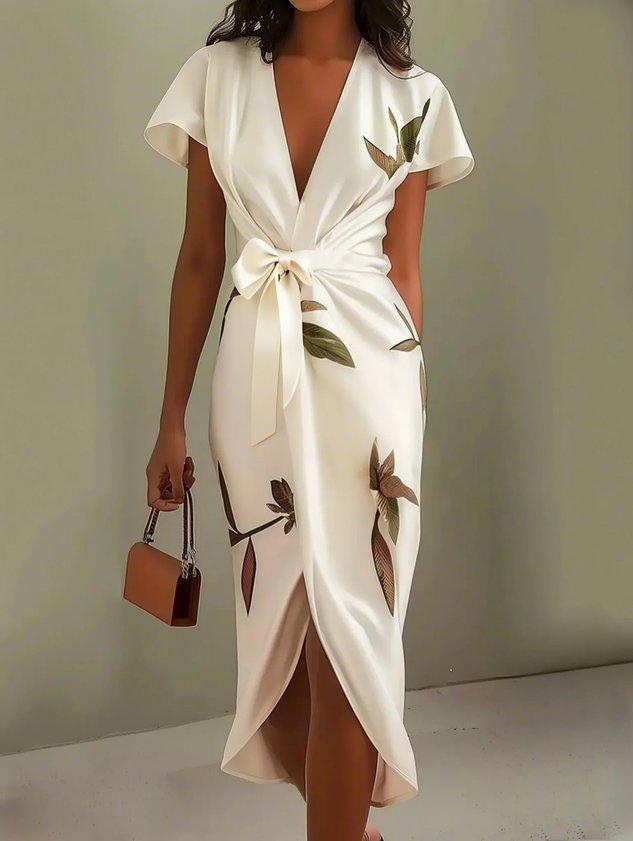 Judy | Vestido midi satinado blanco con estampado de hojas y mangas cortas