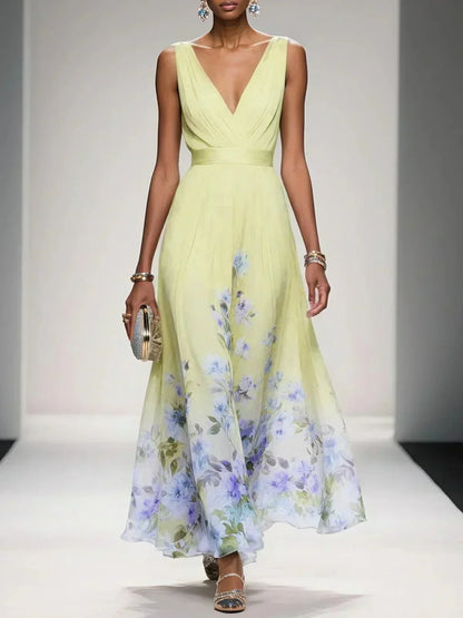 Rose | Vestido maxi de chiffon azul claro con flores y escote en V