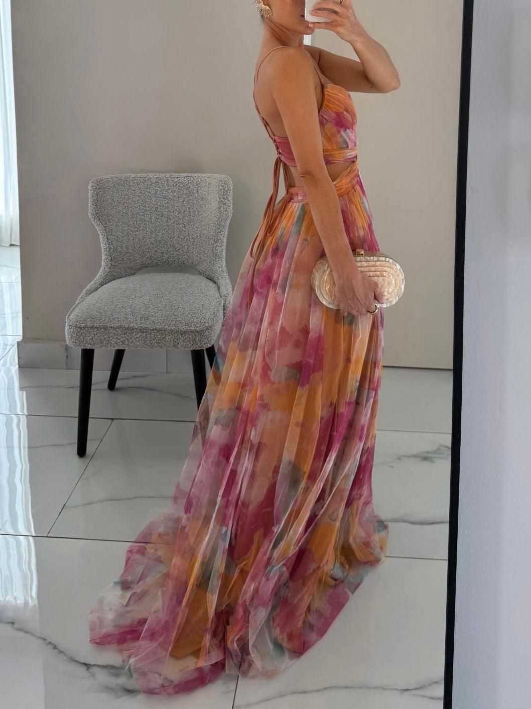 Karen | Vestido maxi con flores pintadas y escote en V