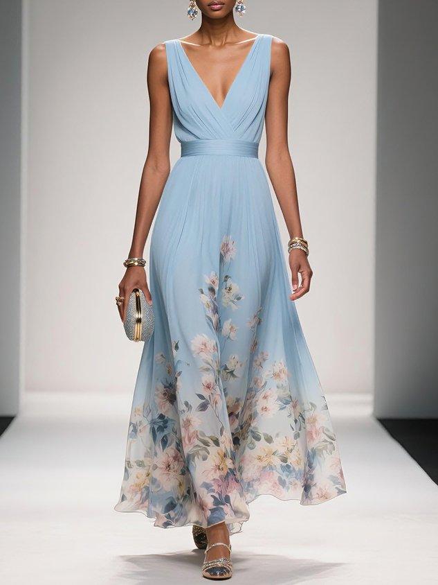 Rose | Vestido maxi de chiffon azul claro con flores y escote en V