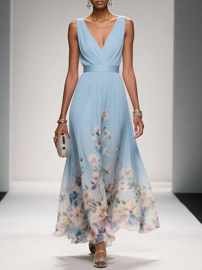 Rose | Vestido maxi de chiffon azul claro con flores y escote en V