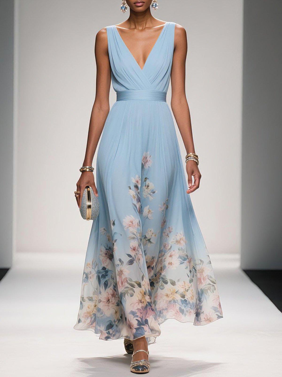 Rose | Vestido maxi de chiffon azul claro con flores y escote en V