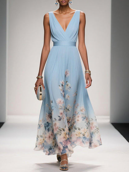 Rose | Vestido maxi de chiffon azul claro con flores y escote en V