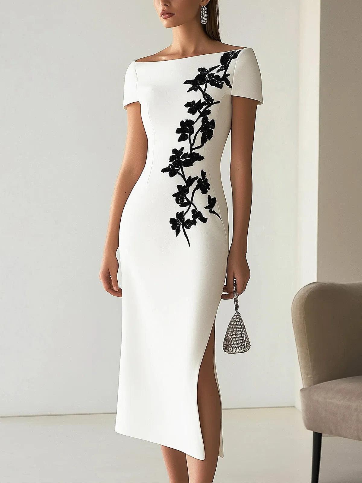 Audrey | Elegante vestido midi con flores y escote barco