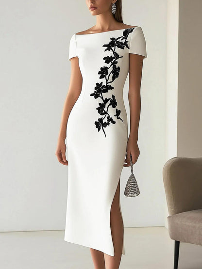 Audrey | Elegante vestido midi con flores y escote barco