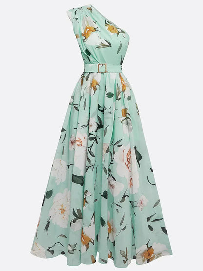 Julie | Vestido maxi de chiffon verde jasno con flores de un solo hombro