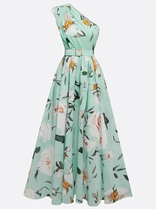 Julie | Vestido maxi de chiffon verde jasno con flores de un solo hombro