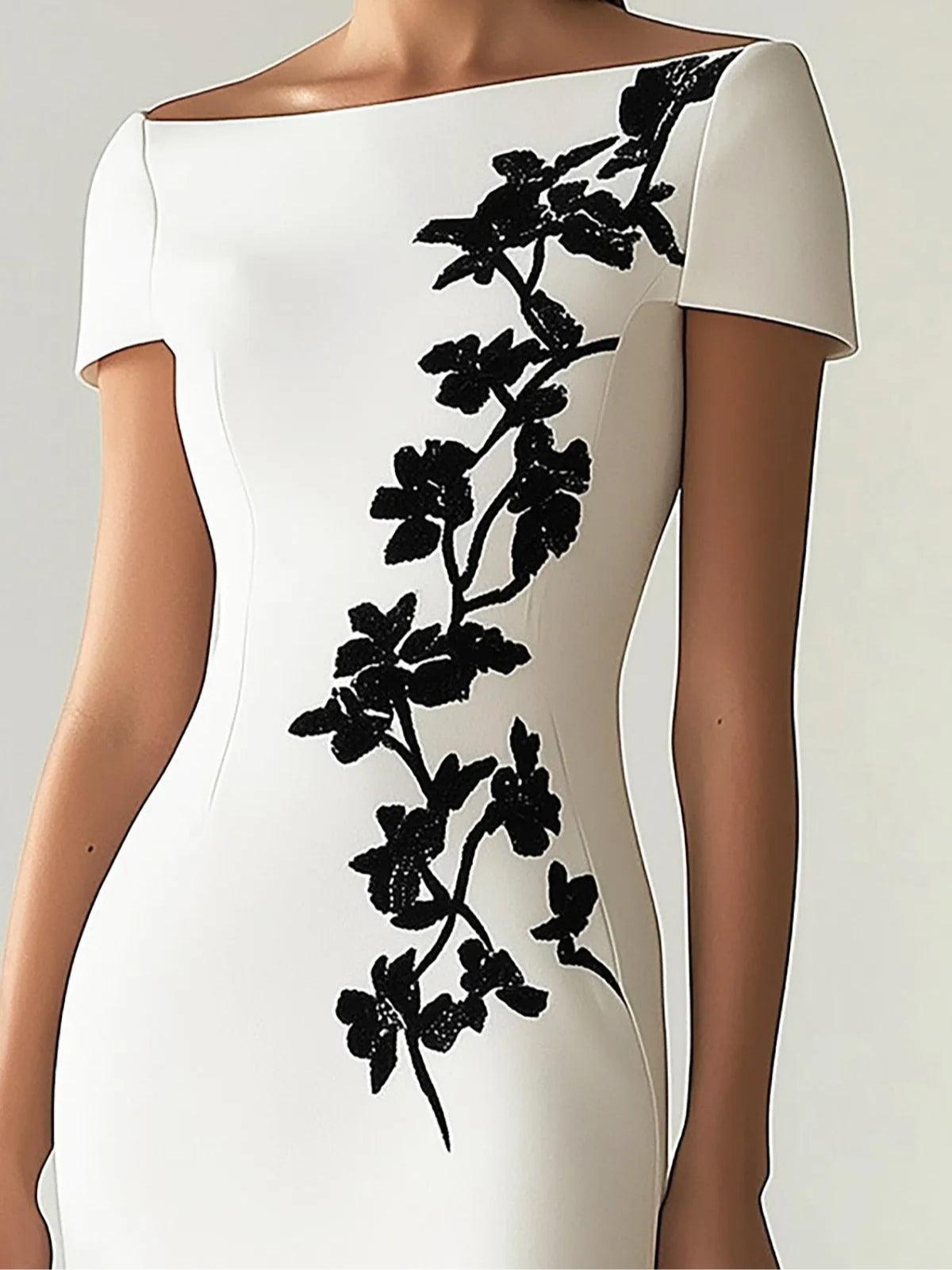 Audrey | Elegante vestido midi con flores y escote barco