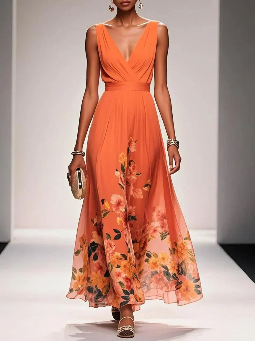 Rose | Vestido maxi de chiffon azul claro con flores y escote en V