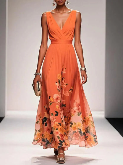 Rose | Vestido maxi de chiffon azul claro con flores y escote en V