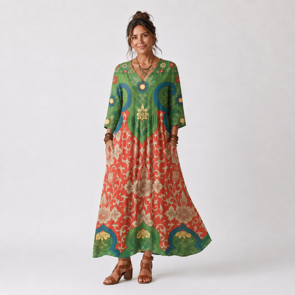 Sloane | Vestido Midi Estampado con Cuello en V y Bolsillos